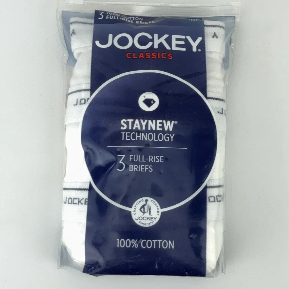 Jockey Classics Mens 3-Pack Full-Rise Briefs White 100% Cotton Size 40 9950